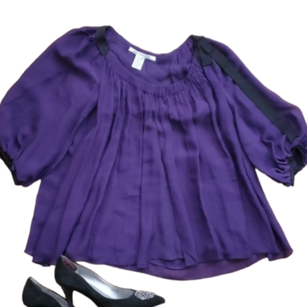 DVF Womans Purple Silk Swing Top with Bow Size 2